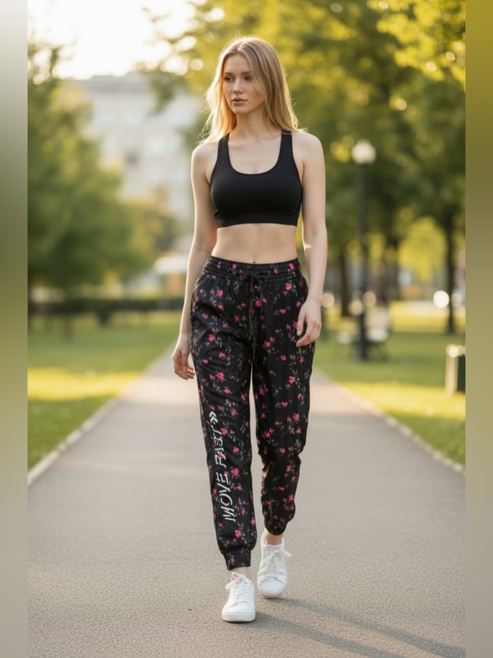 Pam & Gela Black Jogger Pants with Pink Floral Print